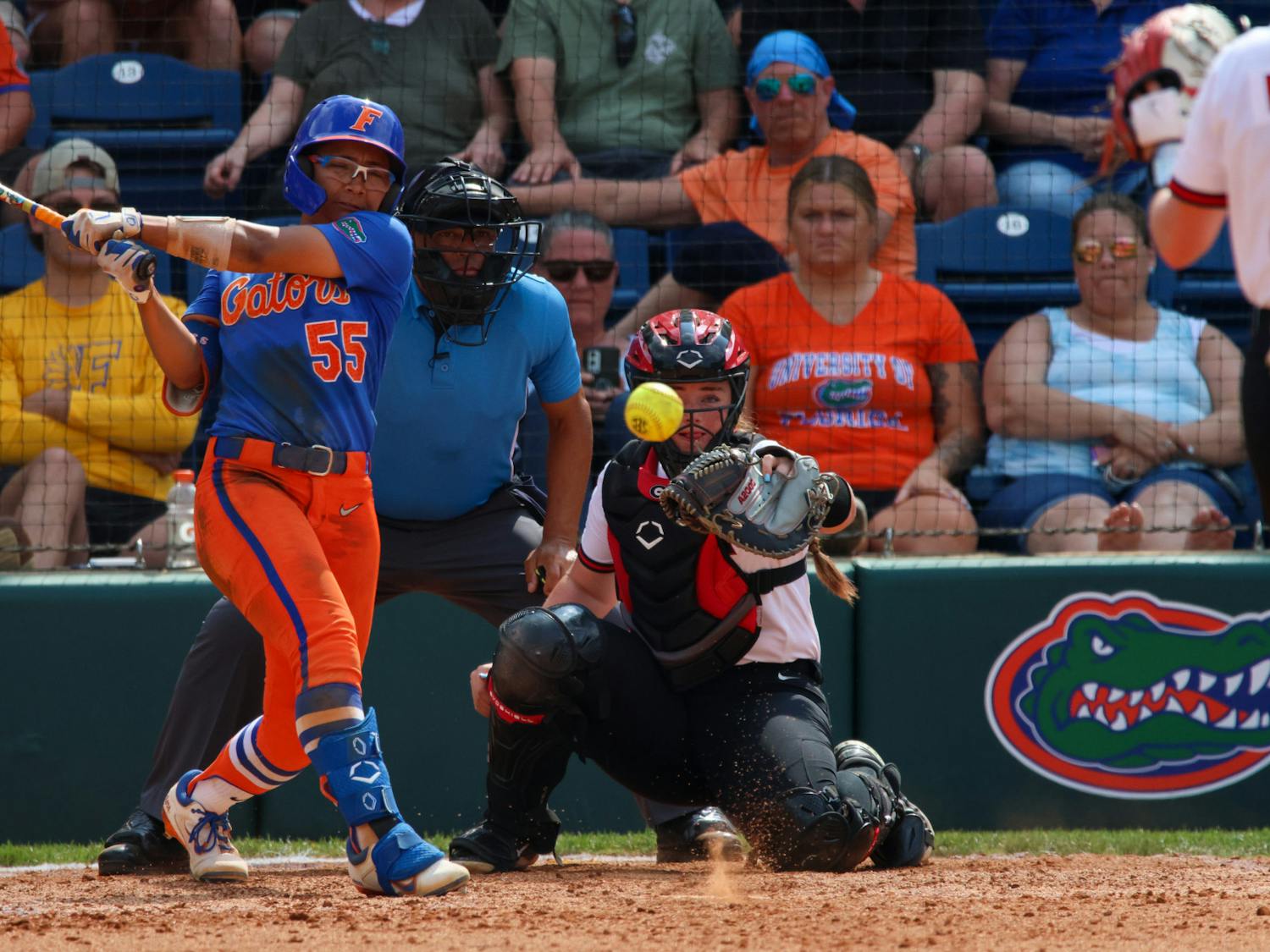 Florida graduate student utility player Pal Egan swings in the Gators' 8-7 win against the Georgia Bulldogs Saturday, April 15, 2023.
