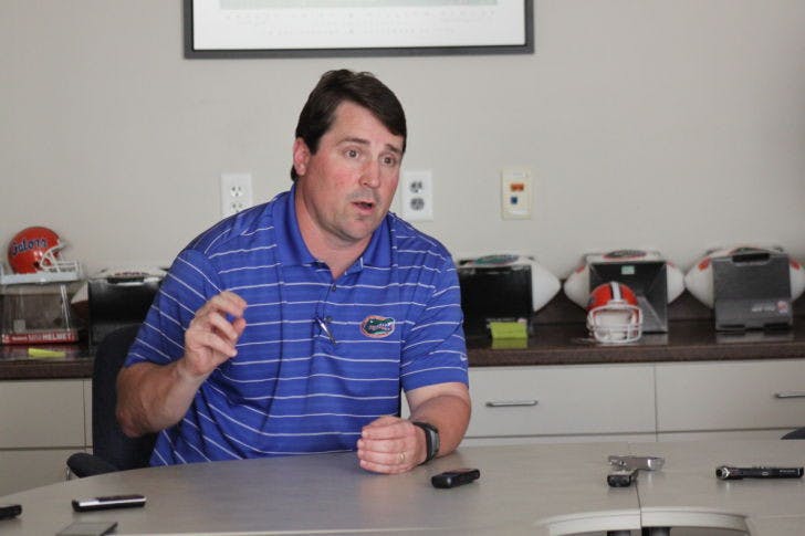 Will Muschamp speaks to reporters prior to Tuesday's Gator Gathering at Emerson Hall.