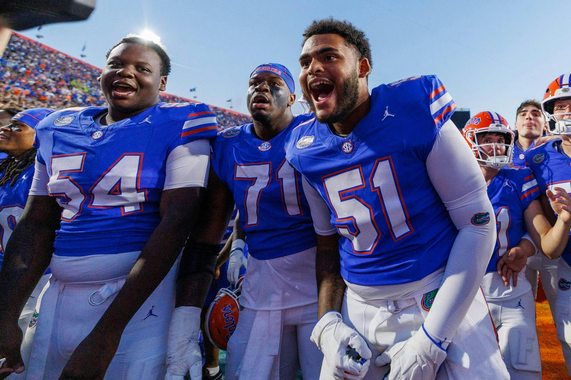 Florida offensive lineman Tyler Chukuyem (51) celebrates after an NCAA college football game against Ole Miss, Saturday, Sept. 26, 2026, in Gainesville, Fla.
