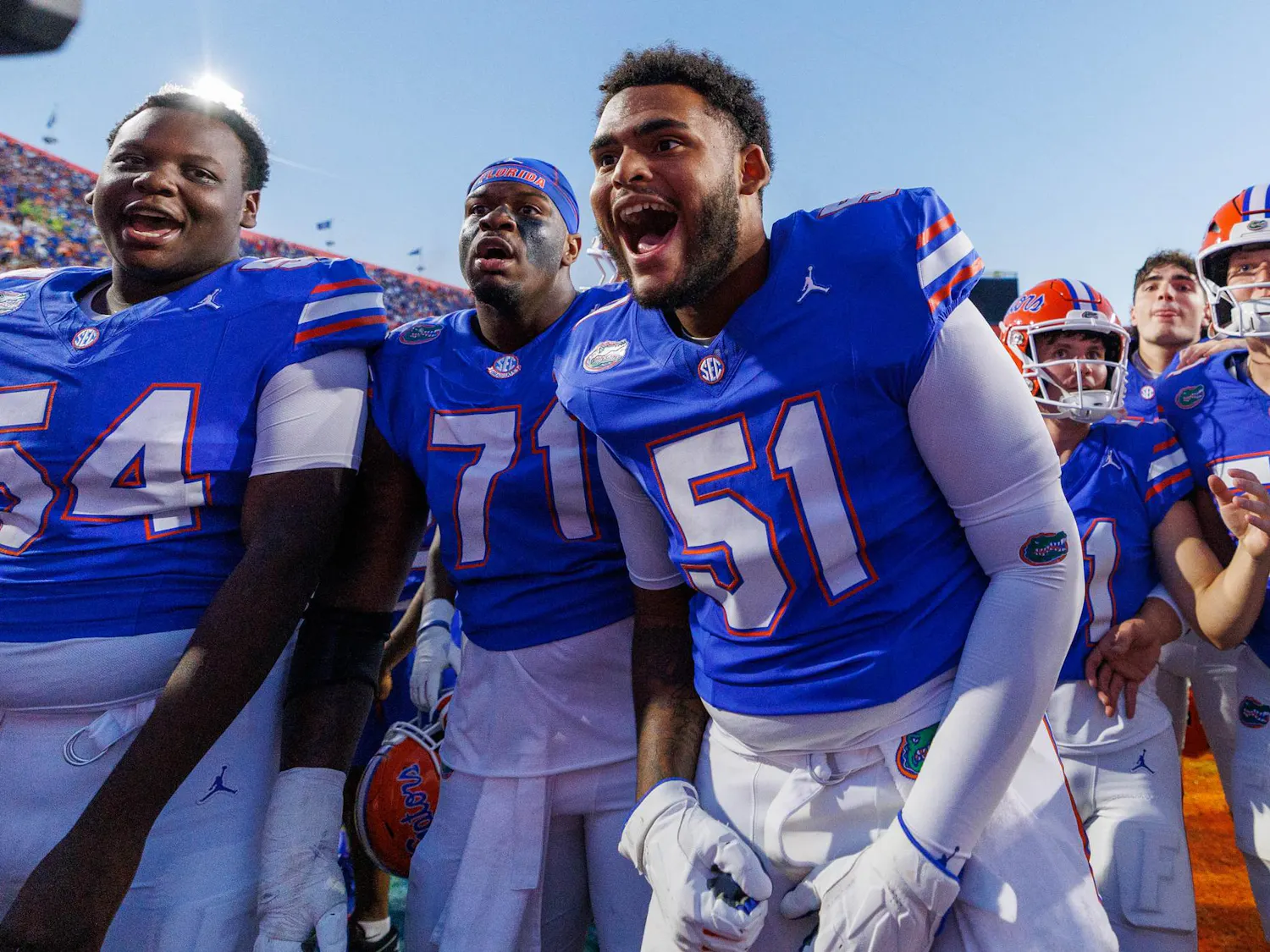 Florida offensive lineman Tyler Chukuyem (51) celebrates after an NCAA college football game against Ole Miss, Saturday, Sept. 26, 2026, in Gainesville, Fla.