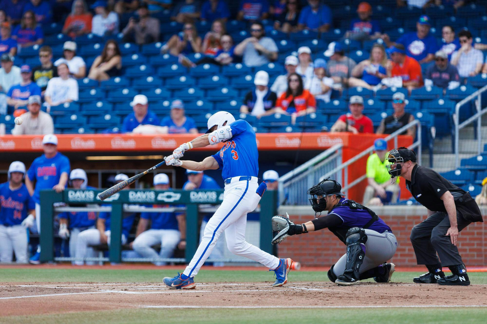 Florida Gators outfielder Kyle Jones swings during an NCAA Baseball game against High Point, Saturday, March 7, 2026, in Gainesville, Fla.