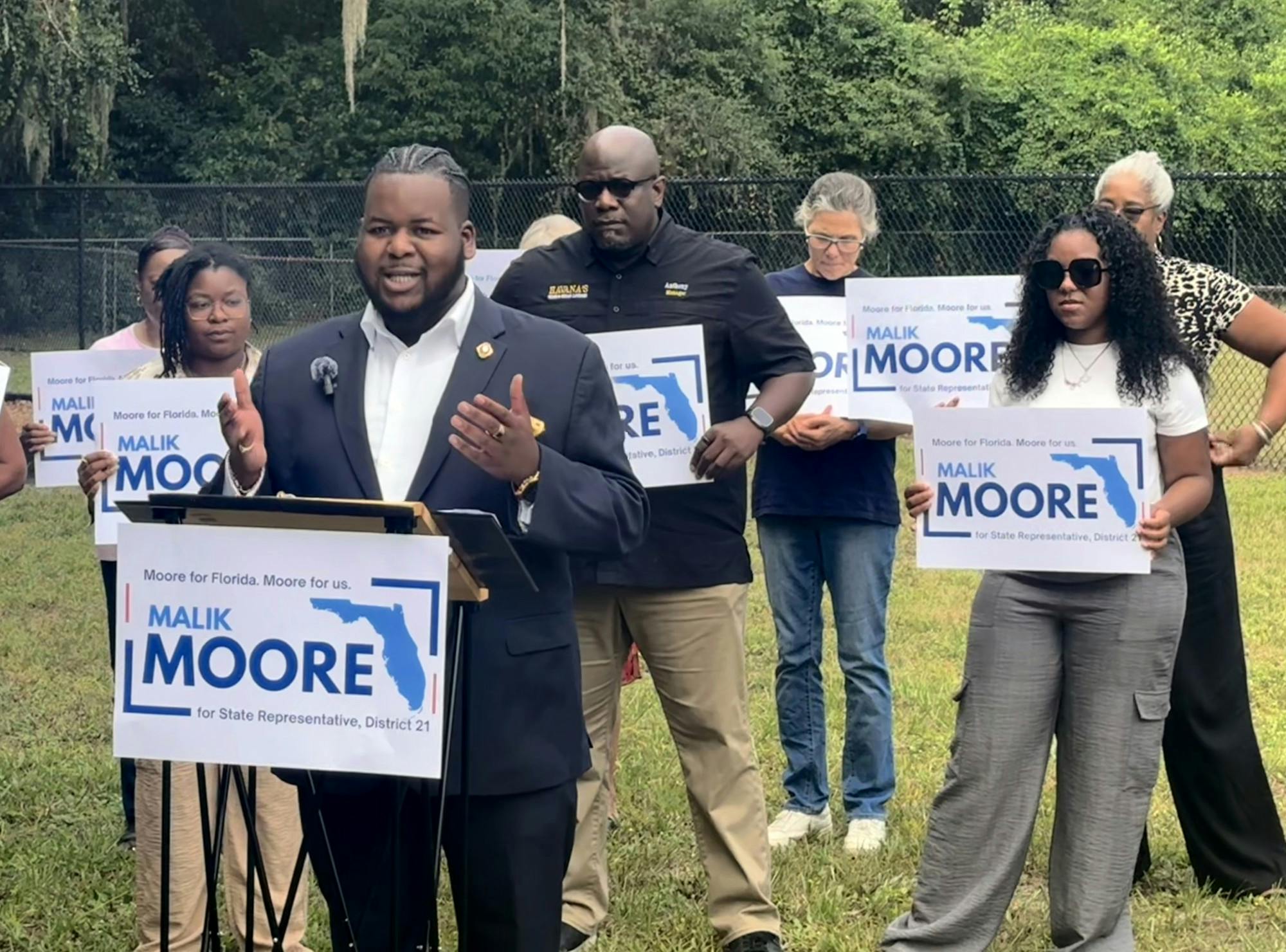 Malik Moore speaks during an announcement for his candidacy in the race for the Florida House of Representatives on Wednesday, Sept. 17, 2025. 
