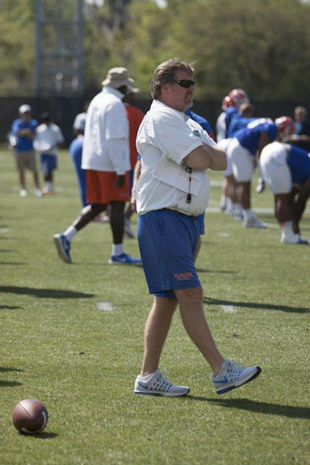 <p>UF Jim McElwain walks between rows of players during a spring practice at the Sanders Practice Field on March 22, 2017.&nbsp;</p>