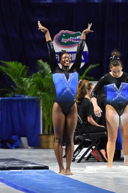 UF gymnast Sierra Alexander finishes performing a routine during Florida's win against Missouri on Feb. 24, 2017, in the O'Connell Center.