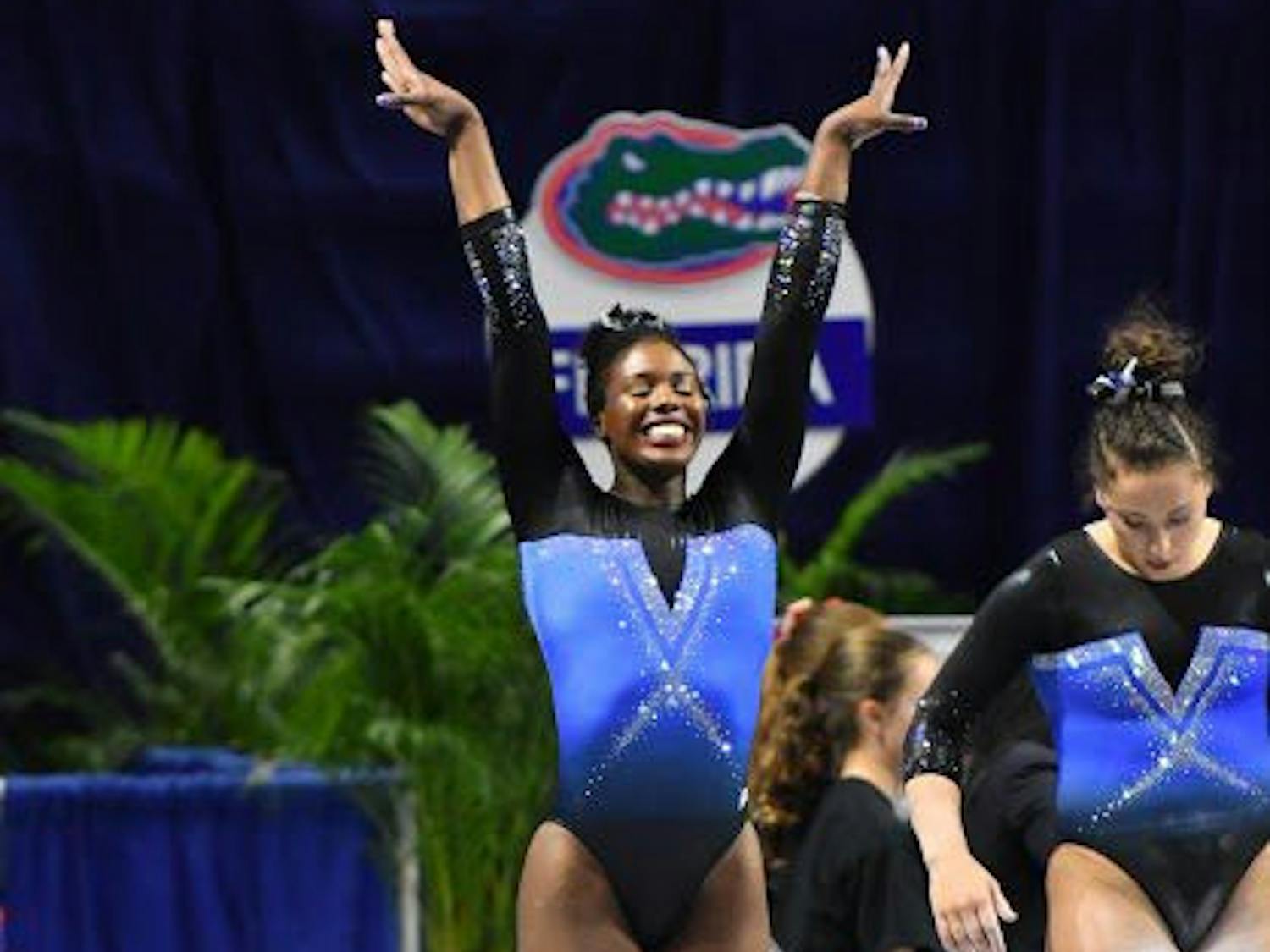 UF gymnast Sierra Alexander finishes performing a routine during Florida's win against Missouri on Feb. 24, 2017, in the O'Connell Center.