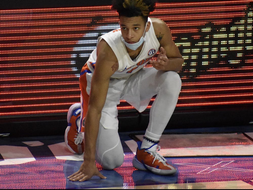 <p>Sophomore Tre Mann waits to check into the game Feb. 20 against Georgia. He enters Saturday’s game as Florida’s leading scorer with more than 14 points per game. </p>