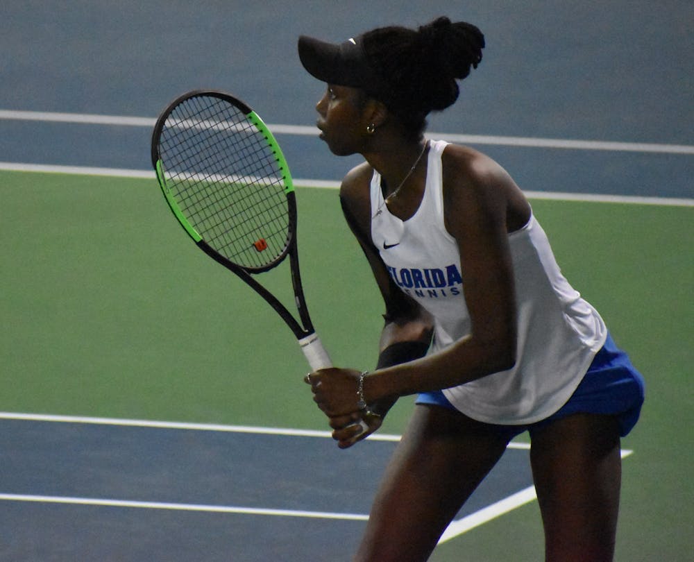 Marlee Zein, pictured above, and her partner McCartney Kessler won their first doubles match against UCF Tuesday night. Photo from the Tuesday UF-UCF game.