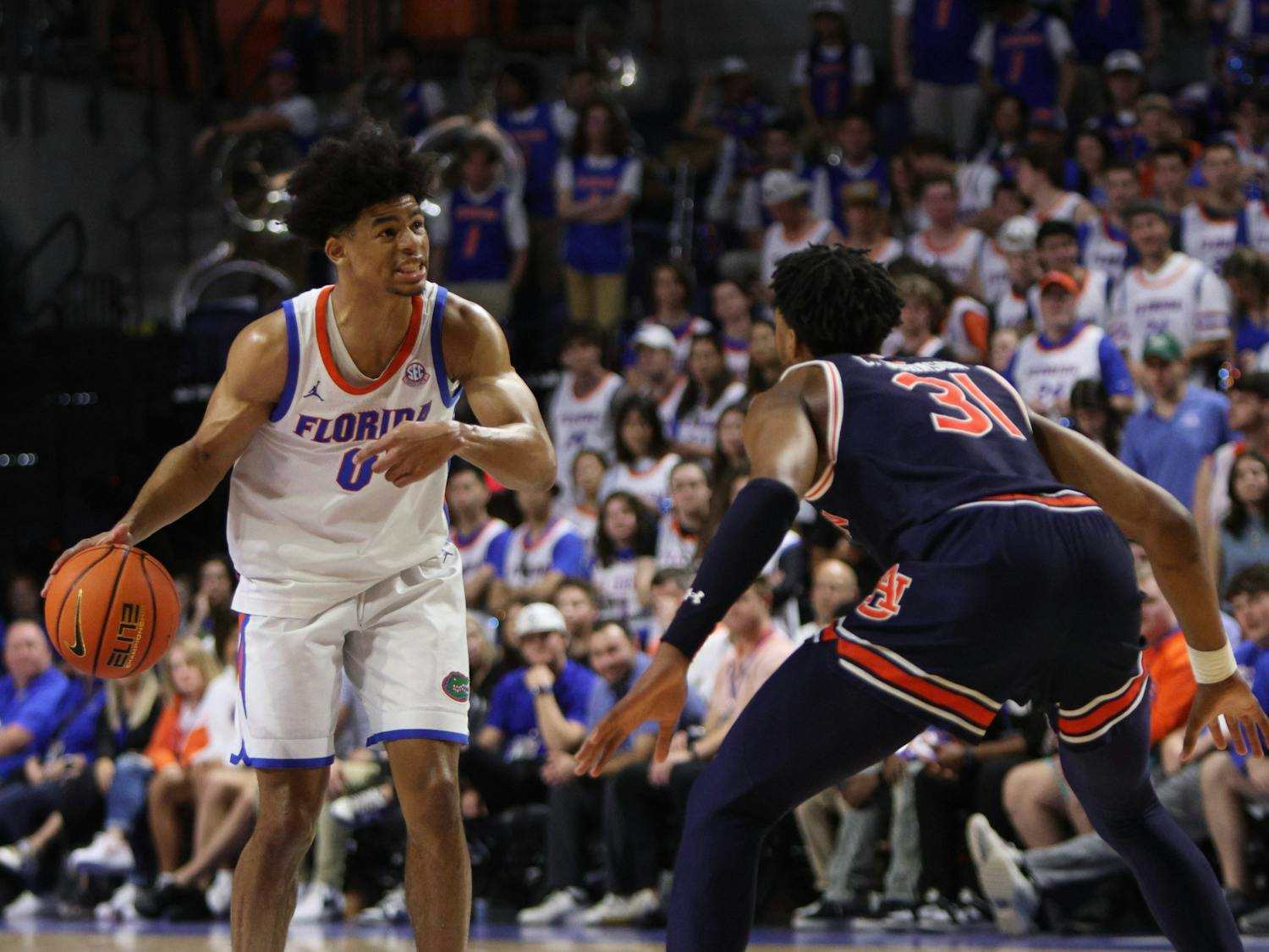 Gators men's basketball guard Zyon Pullin calls the offense in the team's win over the Auburn Tigers on Saturday, February 10, 2024. 