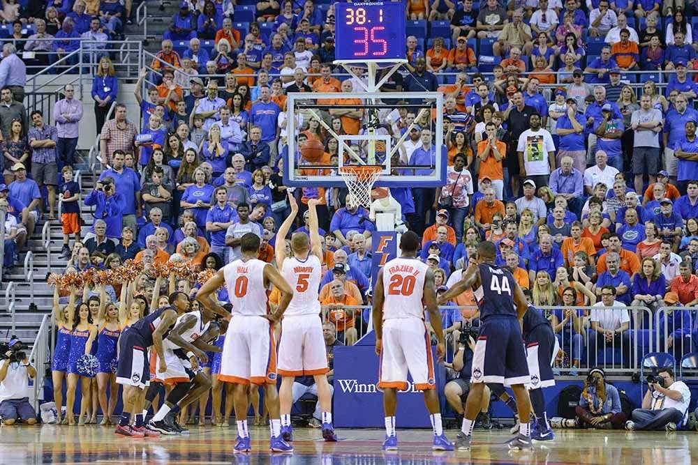 <p>Alex Murphy attempts a free throw during Florida's loss to Connecticut on Saturday</p>