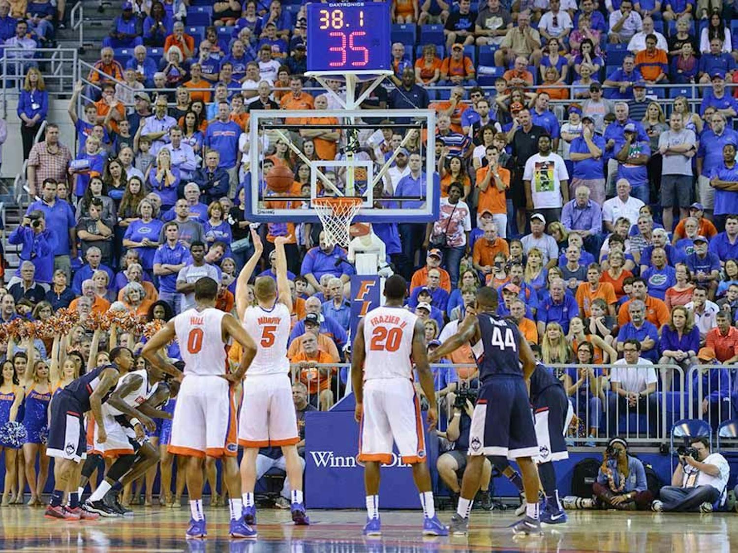 Alex Murphy attempts a free throw during Florida's loss to Connecticut on Saturday