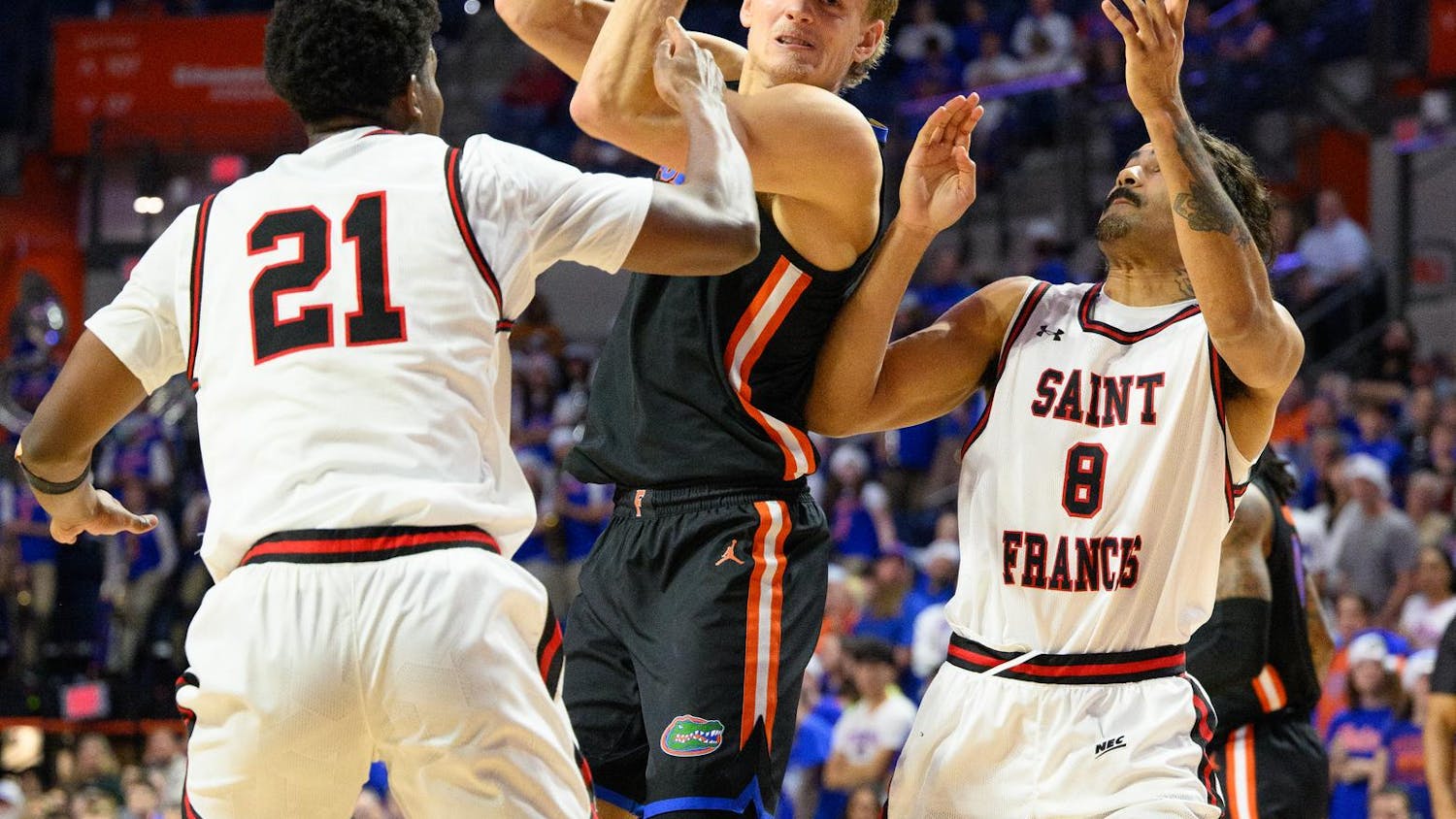 Florida forward Thomas Haugh (10) drives during the second half of an NCAA college basketball game against Saint Francis, Wednesday, Dec. 17, 2025, in Gainesville, Fla.