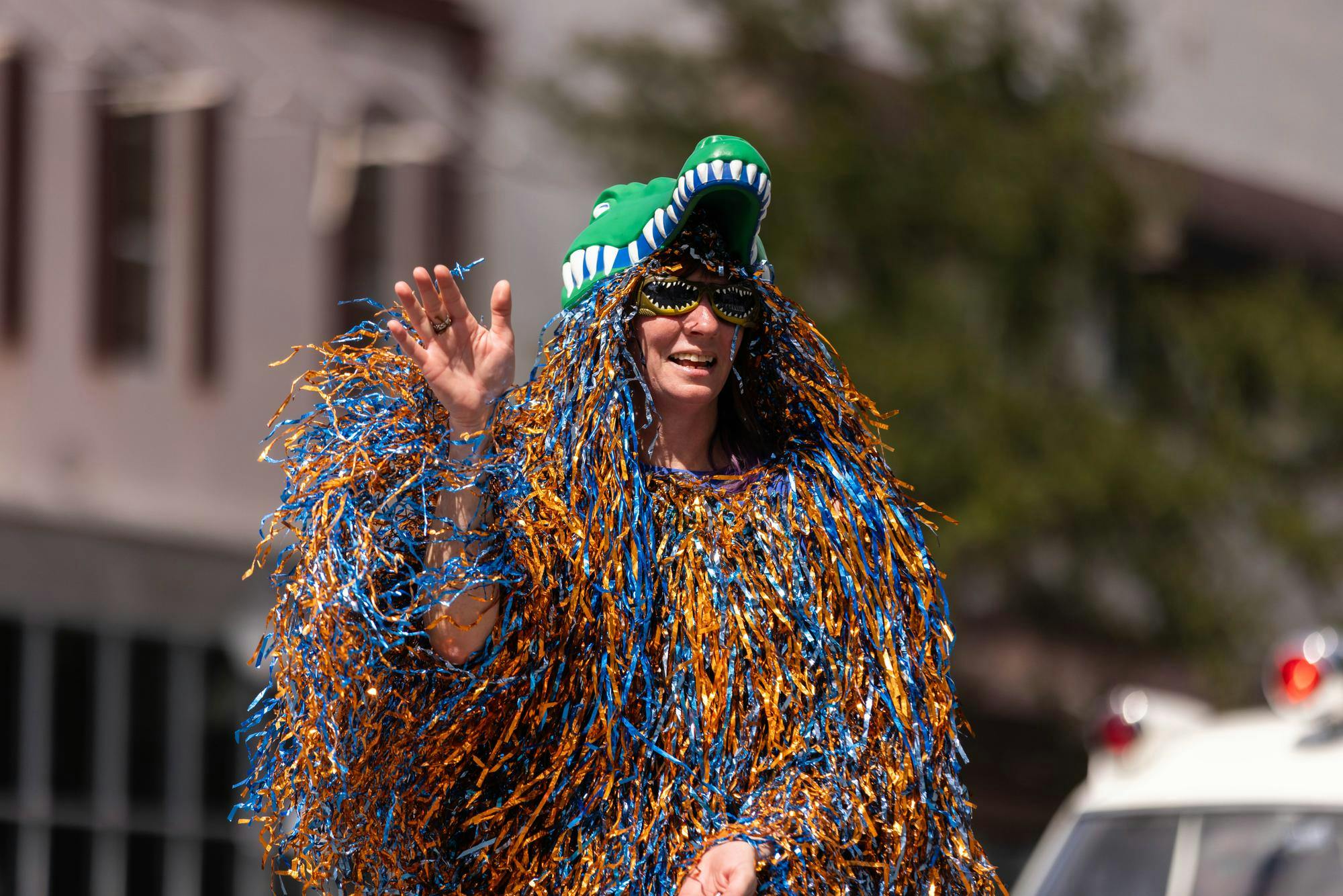 Parade floats travel across University Avenue during the Homecoming Parade in Gainesville on Friday, Oct. 17, 2025.