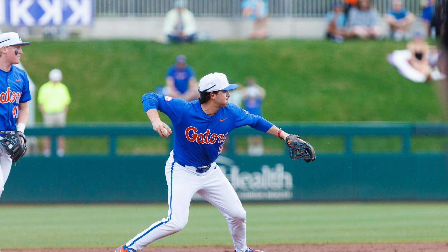 Florida Gators infielder Brendan Lawson throws the ball to first base during an NCAA Baseball game against High Point, Saturday, March 7, 2026, in Gainesville, Fla.