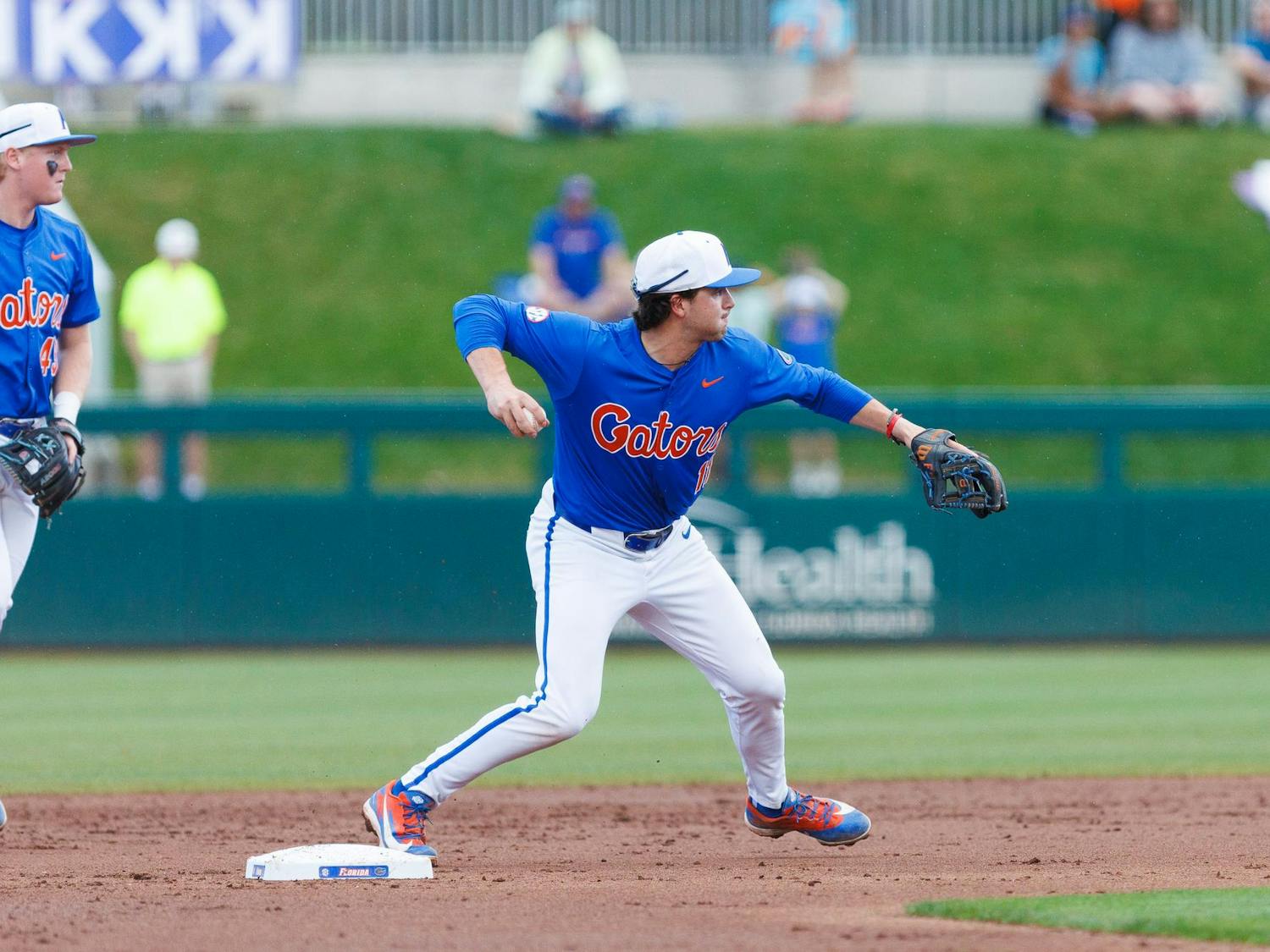 Florida Gators infielder Brendan Lawson throws the ball to first base during an NCAA Baseball game against High Point, Saturday, March 7, 2026, in Gainesville, Fla.