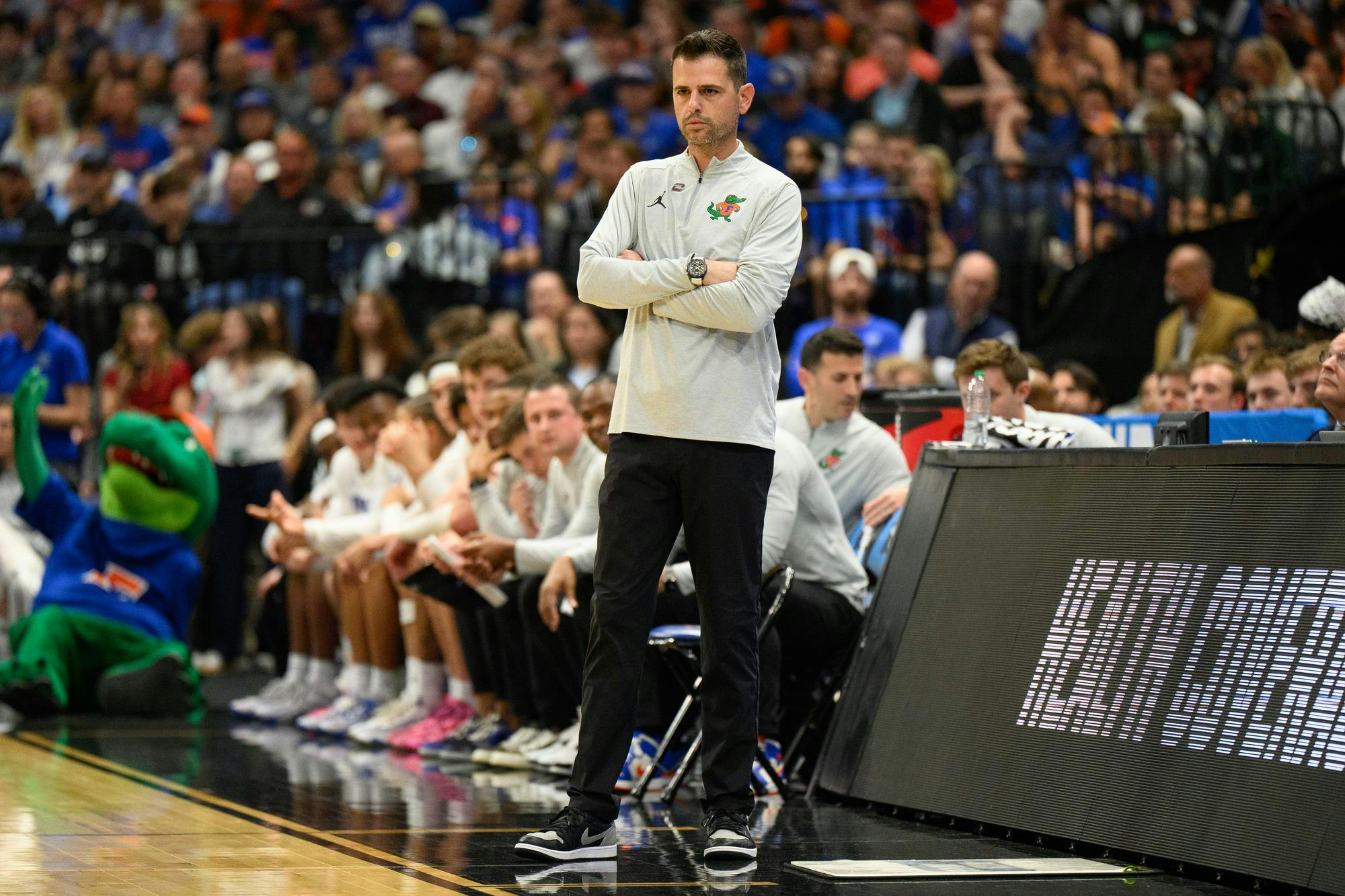 Florida head coach Todd Golden watches his team during the first half of an NCAA Tournament second round game against Iowa, Sunday, March 22, 2026, in Tampa, Fla.