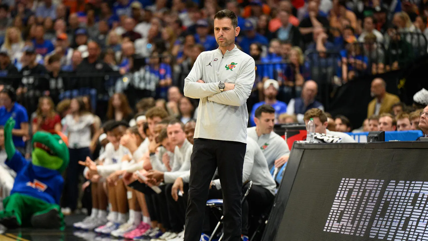 Florida head coach Todd Golden watches his team during the first half of an NCAA Tournament second round game against Iowa, Sunday, March 22, 2026, in Tampa, Fla.