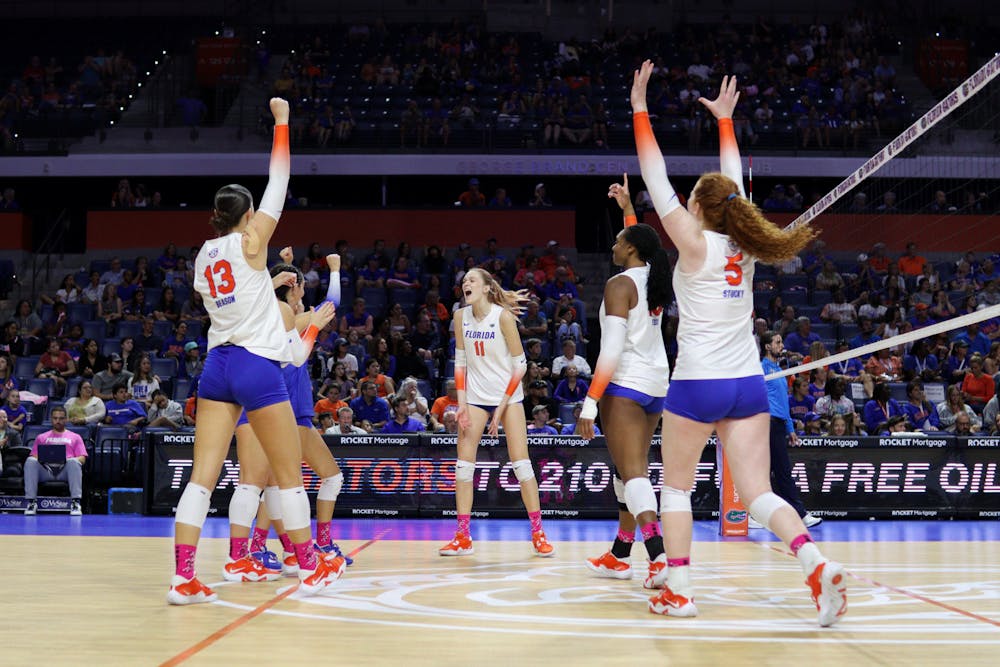 The Florida volleyball team celebrates a point against the LSU Tigers Saturday, Oct. 8, 2022. 