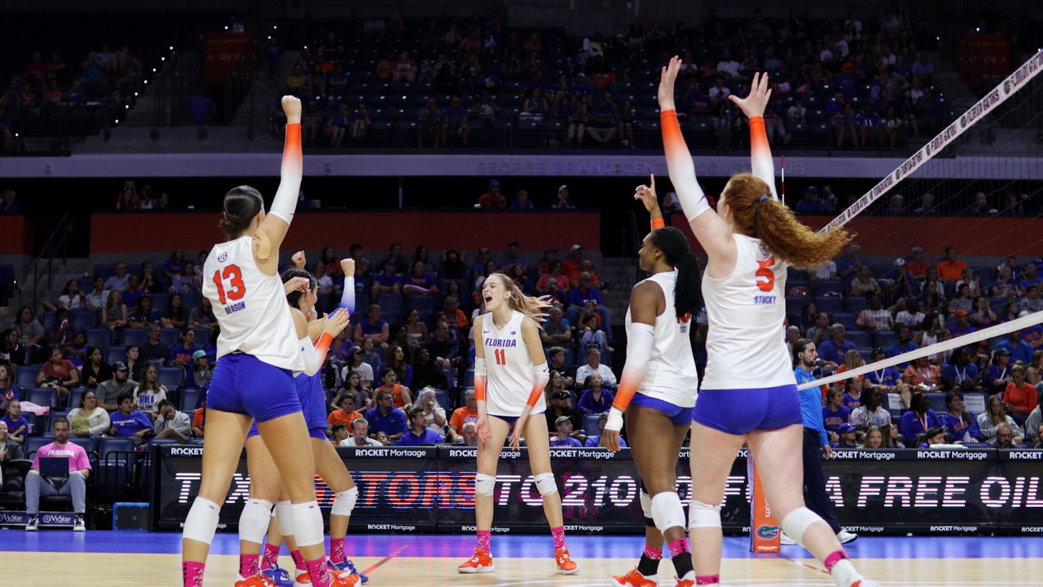 The Florida volleyball team celebrates a point against the LSU Tigers Saturday, Oct. 8, 2022. 