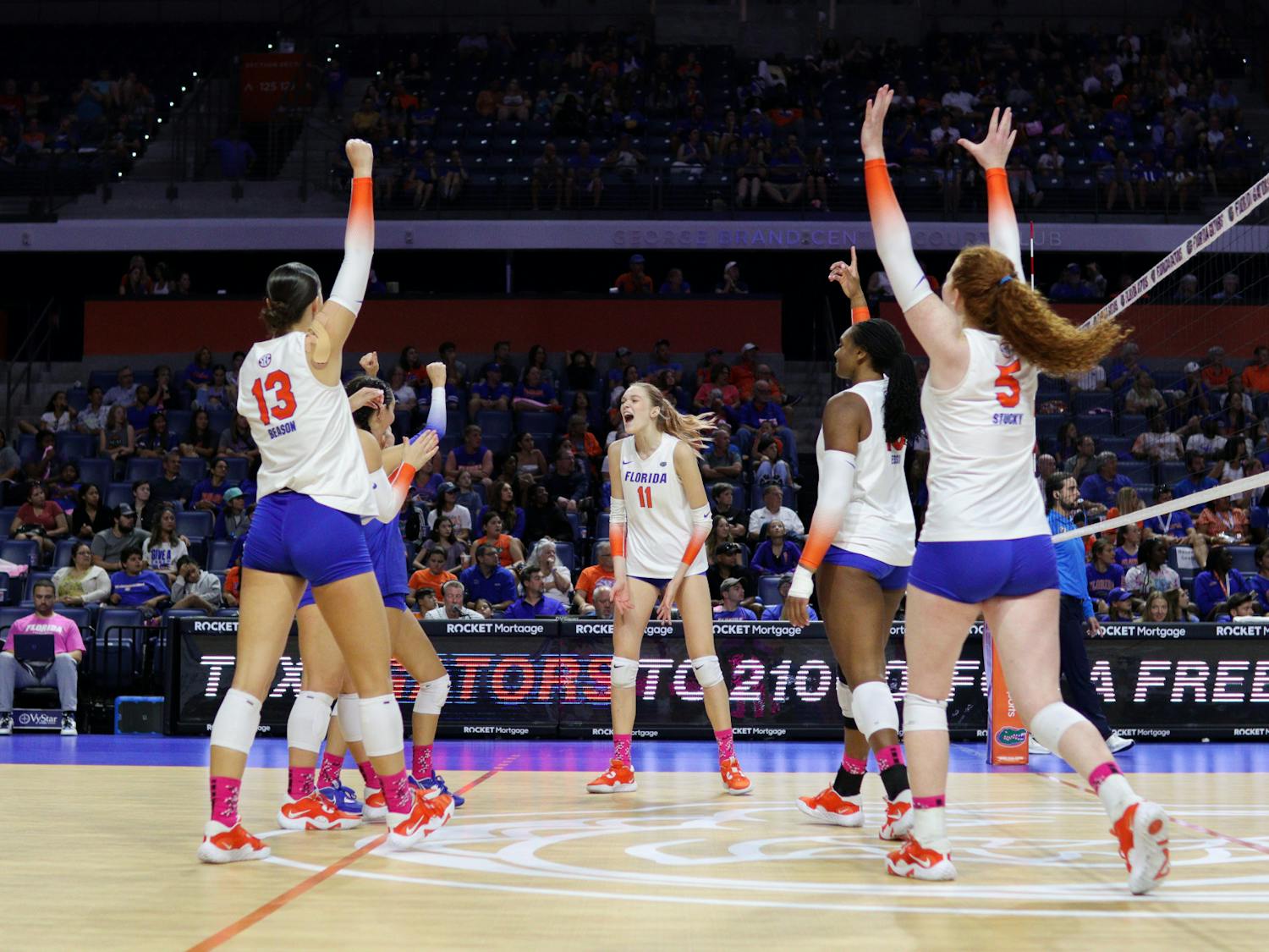 The Florida volleyball team celebrates a point against the LSU Tigers Saturday, Oct. 8, 2022. 