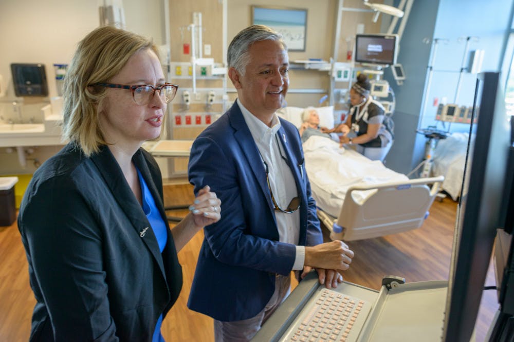 <p><span>Ragnhildur Bjarnadottir, Ph.D., left, and Robert Lucero, Ph.D., plan to use nurses' notes for their project in improving the safety for hospitalized older adults.</span></p>