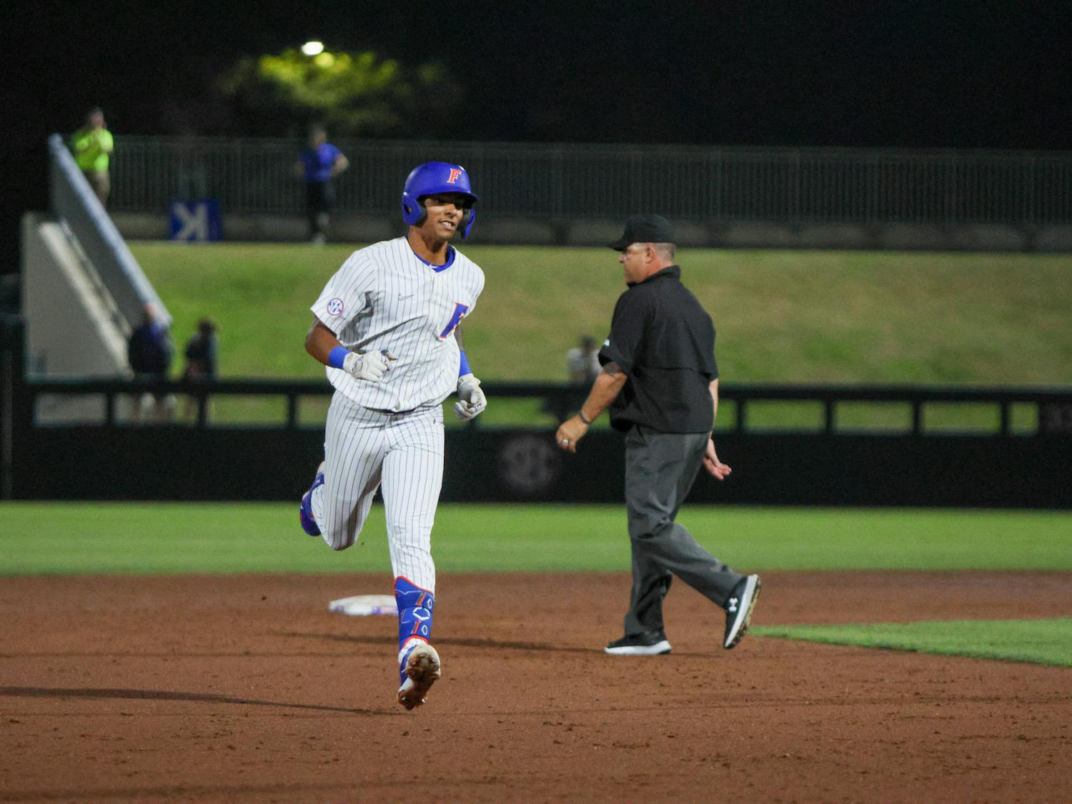 Shortstop Josh Rivera rounds the bases after he hit his second home run of the game in an 18-11 victory against the Florida Atlantic Owls, Tuesday, March 7, 2023. 