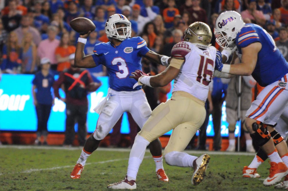 <p>UF quarterback Treon Harris drops back to pass during Florida's 27-2 loss to Florida State on Nov. 28, 2015, at Ben Hill Griffin Stadium.</p>
