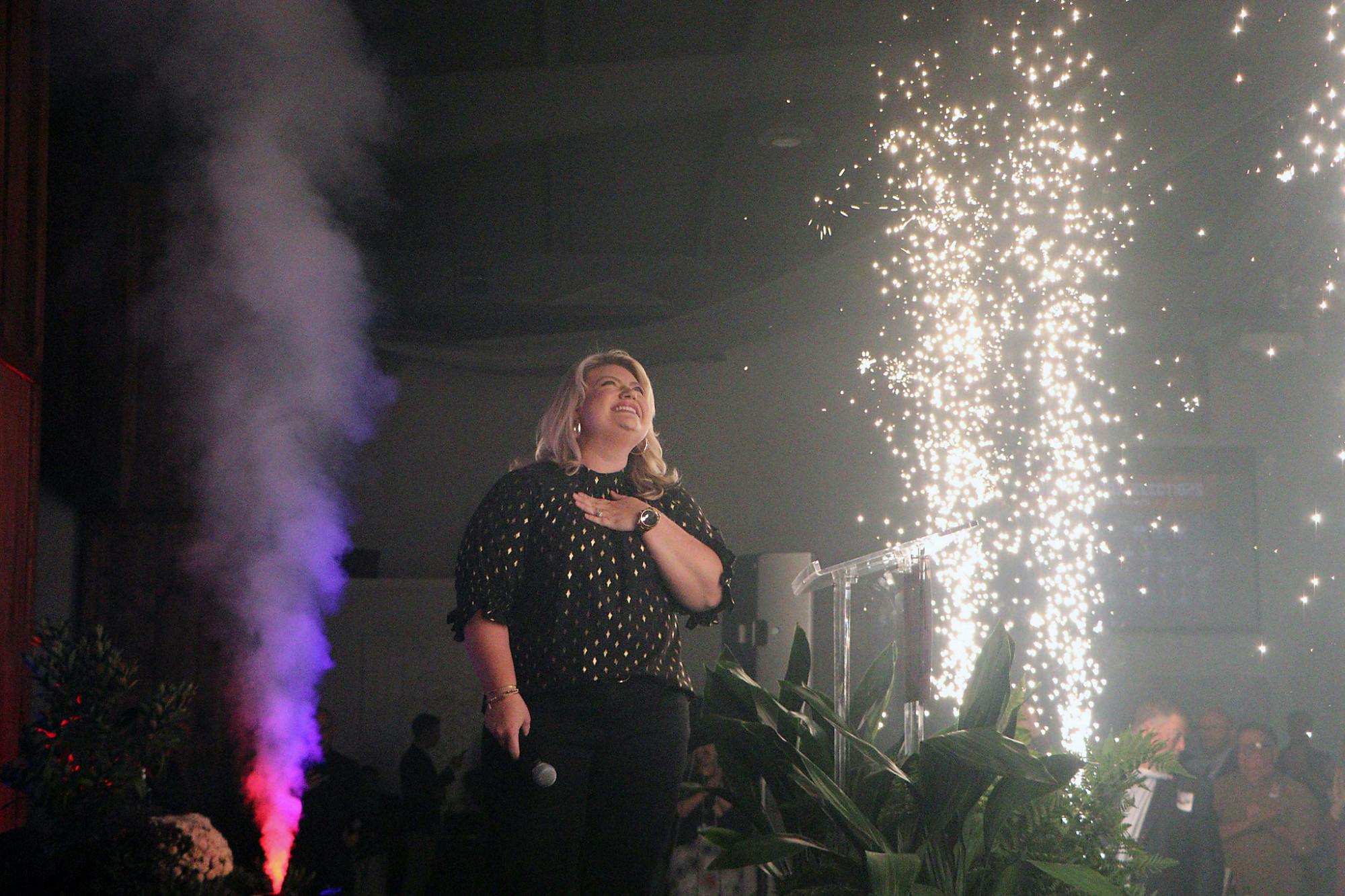 Kat Cammack, House of Representatives District 3 candidate, celebrates a win against Danielle Hawk Tuesday, Nov. 8, 2022. 