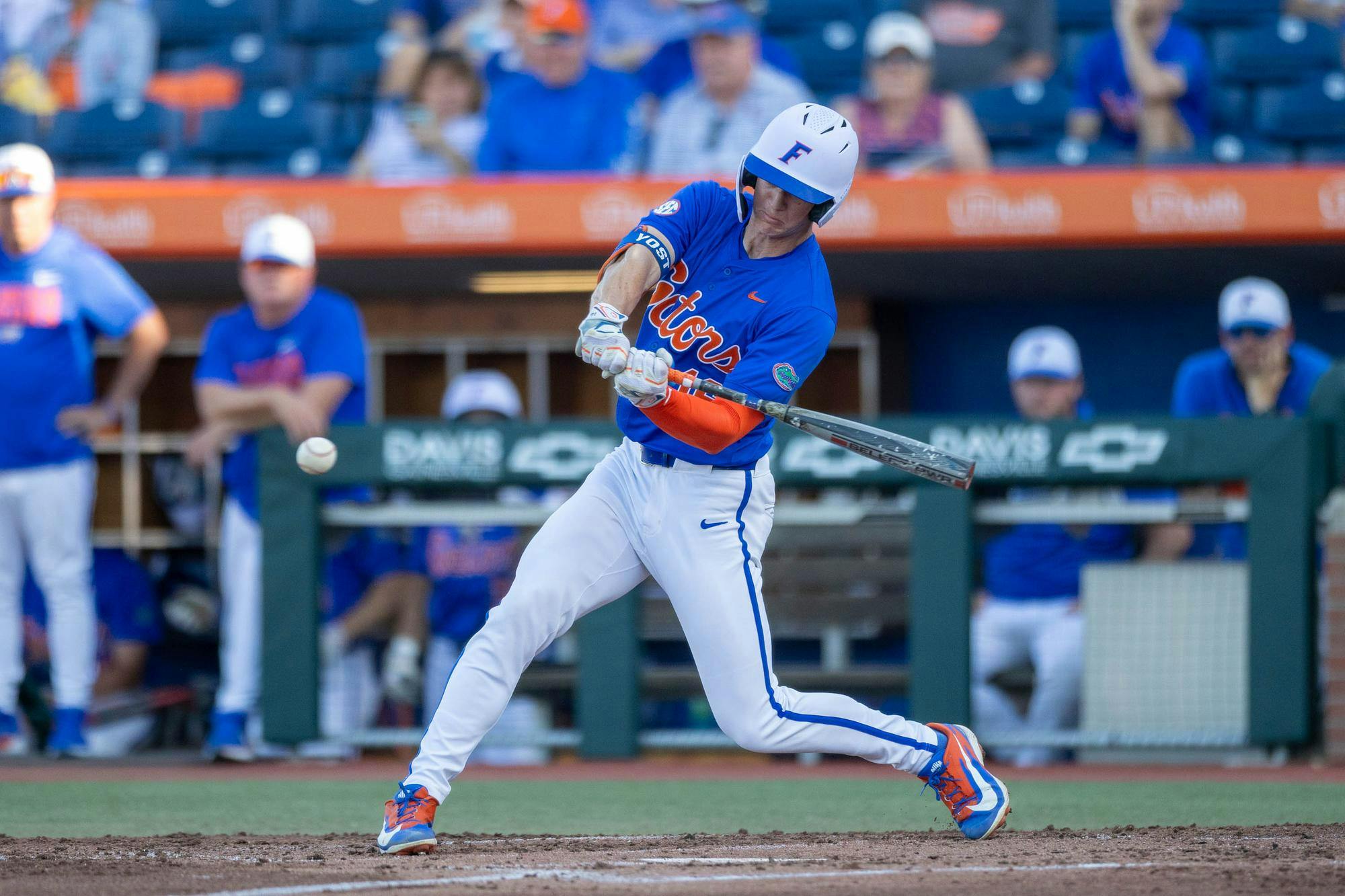 Florida outfielder Hayden Yost (16) hits during an NCAA college baseball game against Auburn at Condron Family Ballpark in Gainesville, Fla., Friday, April 17, 2026.