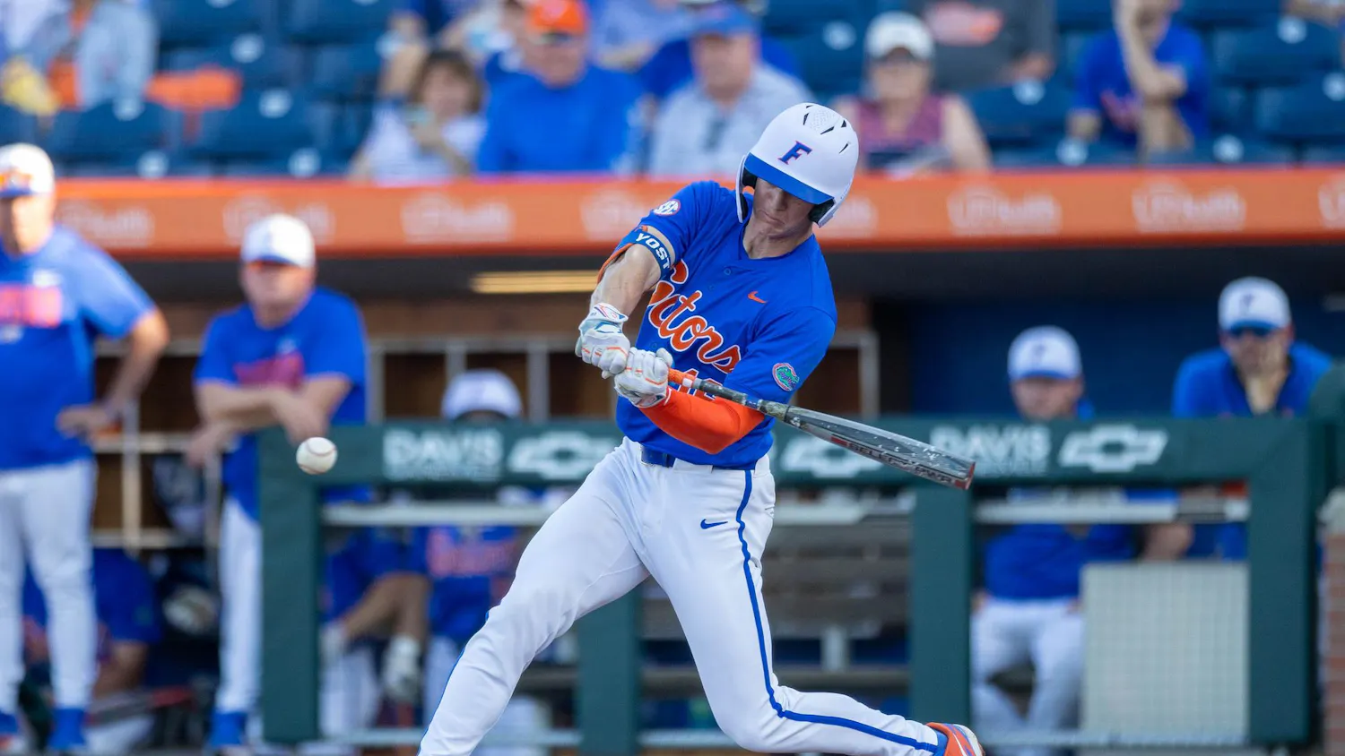 Florida outfielder Hayden Yost (16) hits during an NCAA college baseball game against Auburn at Condron Family Ballpark in Gainesville, Fla., Friday, April 17, 2026.