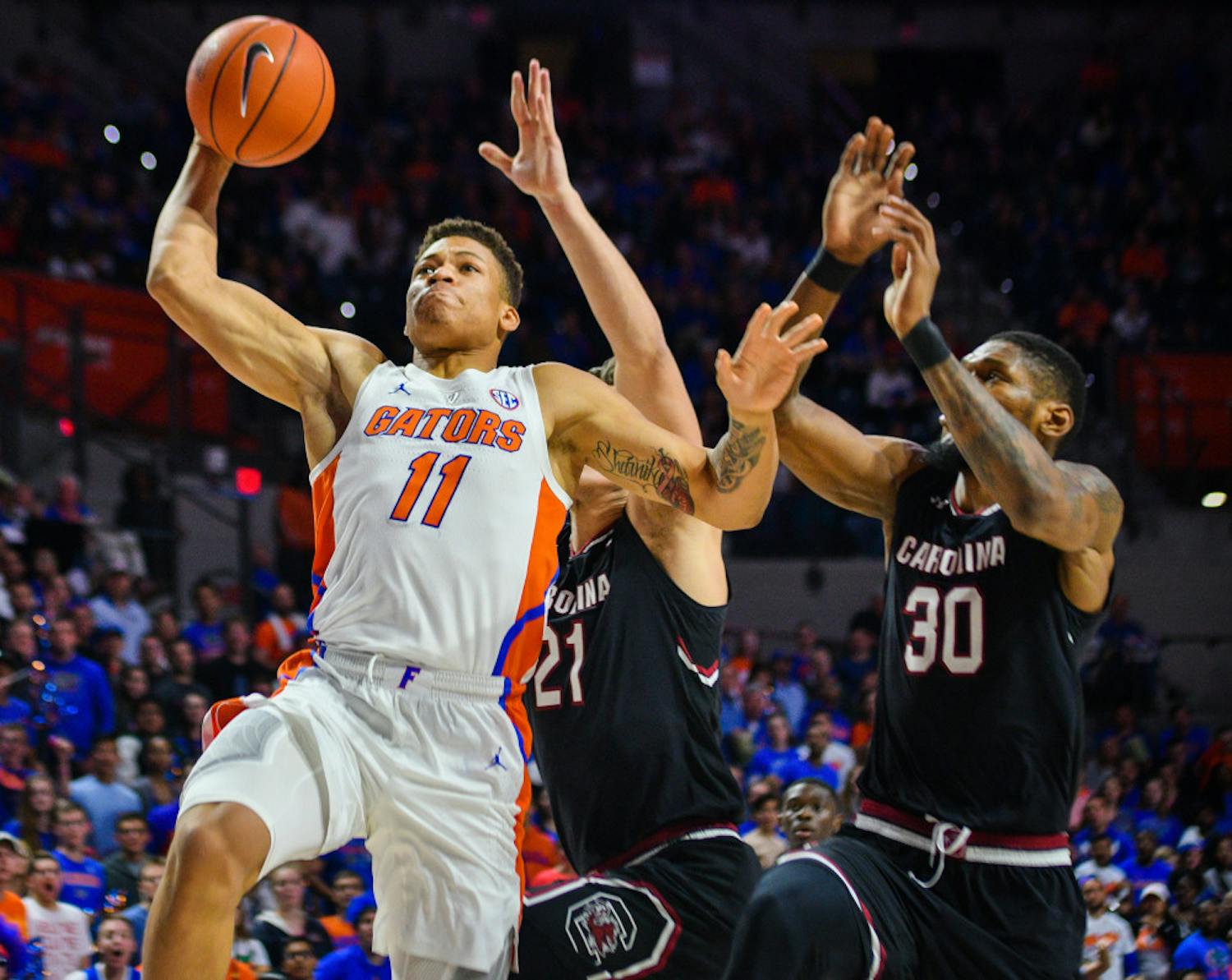 Forward Keyontae Johnson led the Gators in rebounds (8) in their loss to TCU on Saturday. He also scored nine points but was limited to 21 minutes due to foul trouble. 