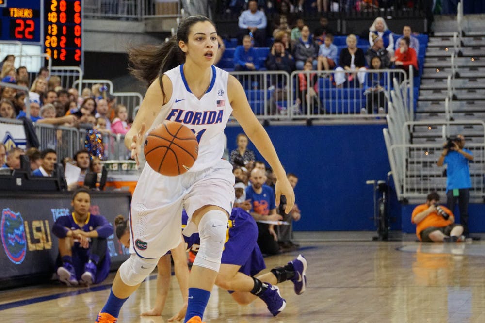 UF guard Eleanna Christinaki drives down the court during Florida's 53-45 win against LSU on Jan. 17, 2016, in the O'Connell Center.