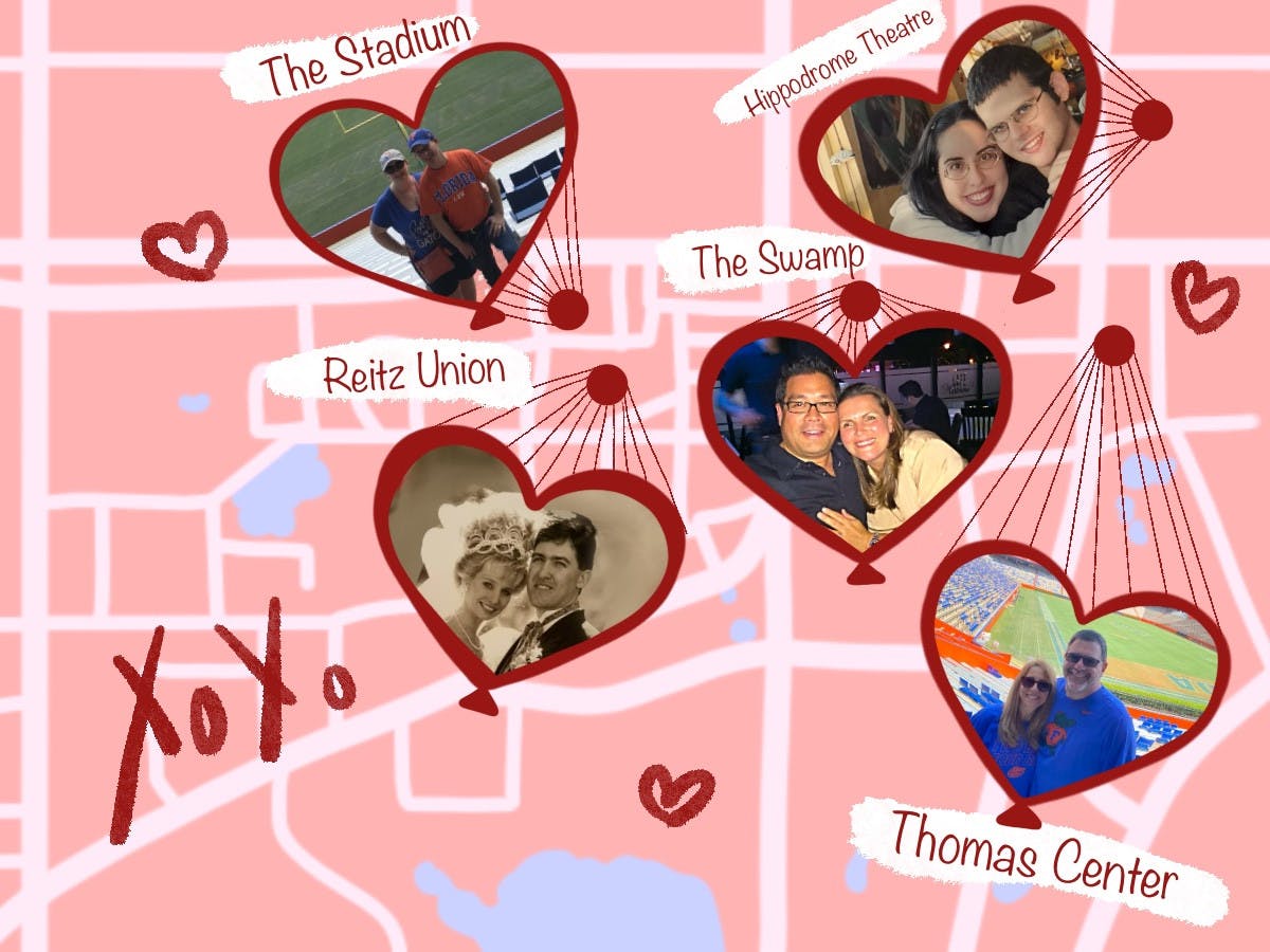 A Valentine’s-themed map highlights Gainesville’s most romantic “meet-cute” locations, where couples first met and fell in love at the University of Florida. From the Swamp to the Hippodrome Theatre, each spot holds a special story, proving love is all around campus.