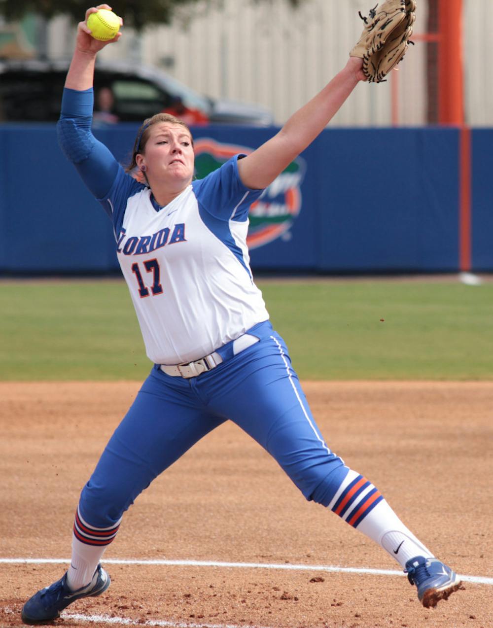 <p>Gators sophomore Lauren Haeger pitches during a game last season. The sophomore helped Florida beat No. 1 Alabama 8-4 on Wednesday.</p>