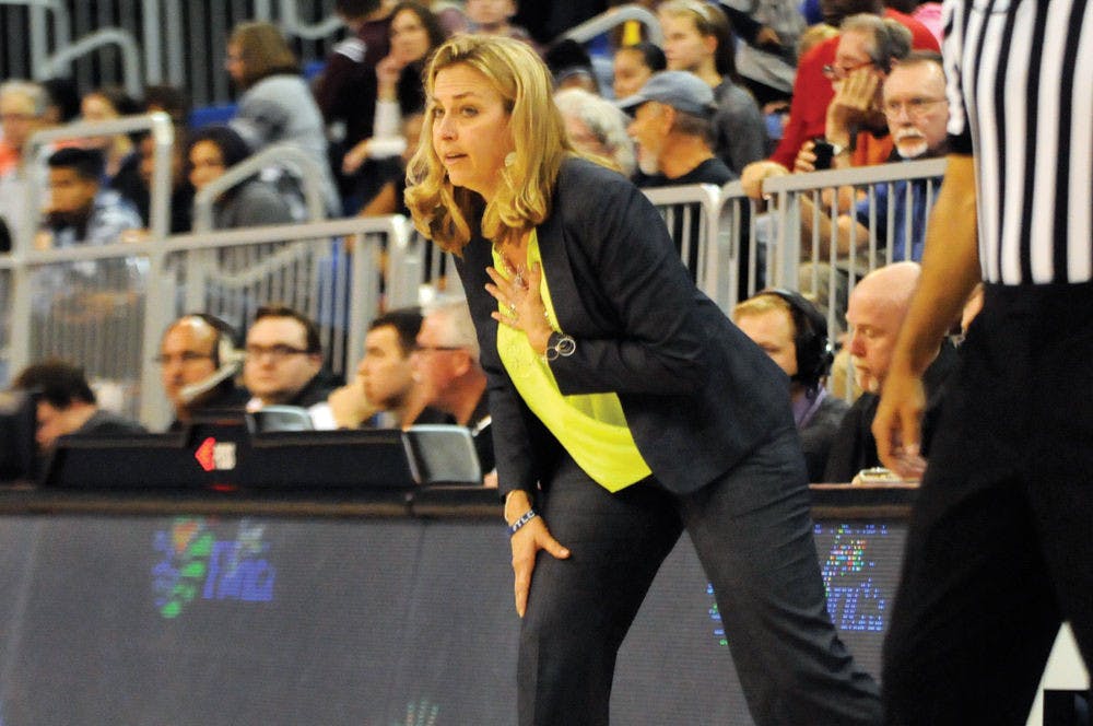 Women's basketball coach Amanda Butler calls out a play during the second half of Florida's 76-70 loss to Mississippi State on Jan. 3 in the O'Connell Center.
