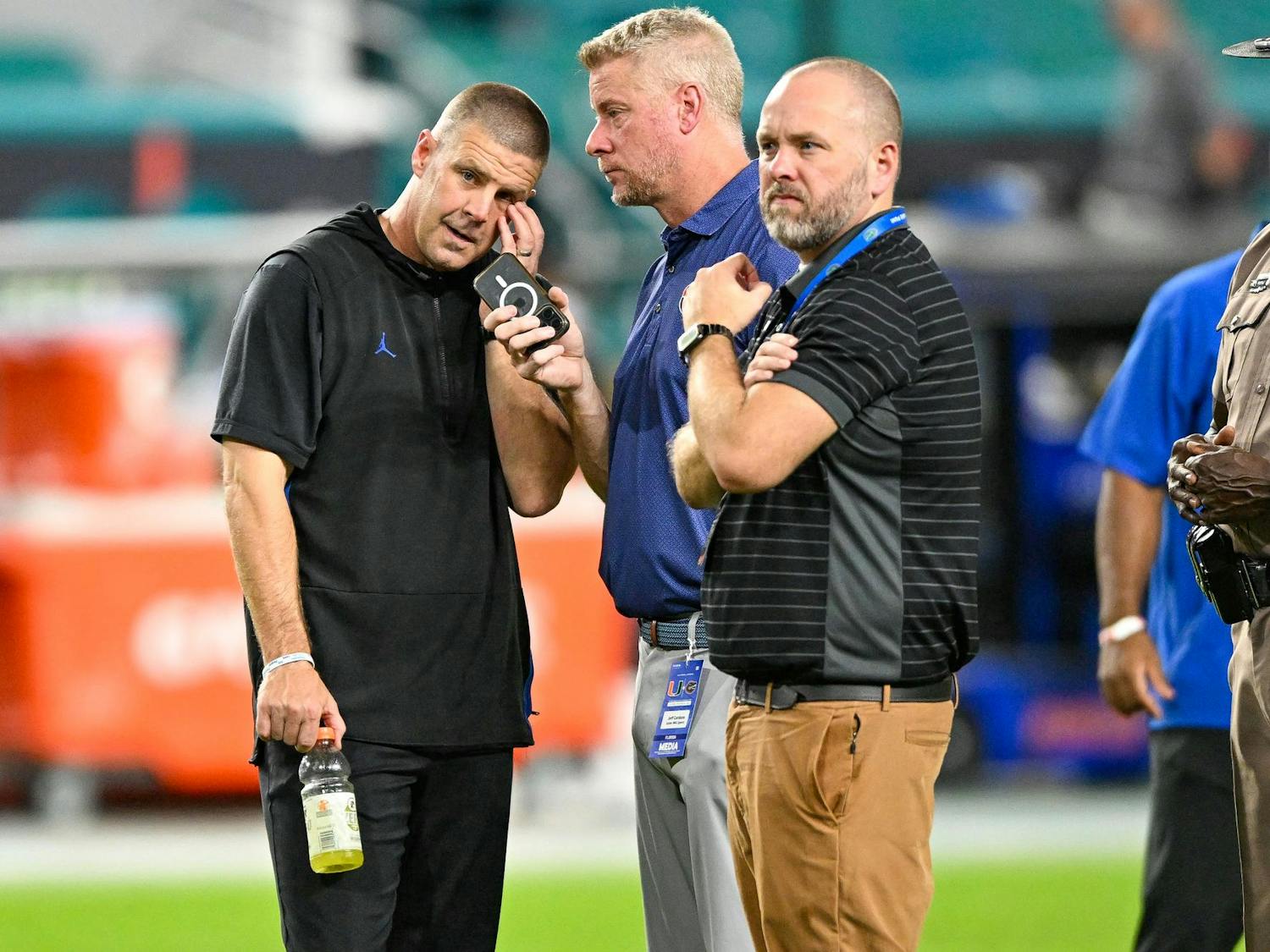 Florida Gators head coach Billy Napier during a postgame interview after a football game between the Miami Hurricanes and the Florida Gators on Sept. 20, 2025, at Hard Rock Stadium in Miami Gardens, Fla.