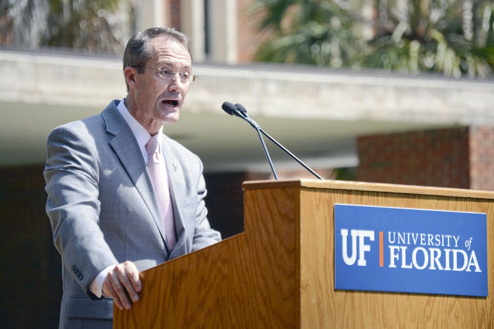 <p>Dr. Charlie Lane, senior vice president of UF, speaks to a crowd on Plaza of the Americas on Wednesday about UF’s sustainability achievements and goals. “What’s really important is that students who recycle, ride the bus or learn about composing will embrace these actions for the rest of their lives,” Lane said.</p>
