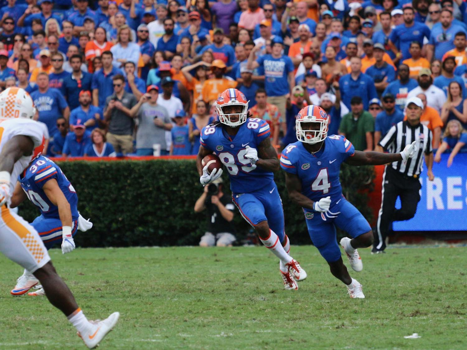Tyrie Cleveland (89) runs with the ball during Florida's 26-20 win against Tennessee on Saturday at Ben Hill Griffin Stadium.