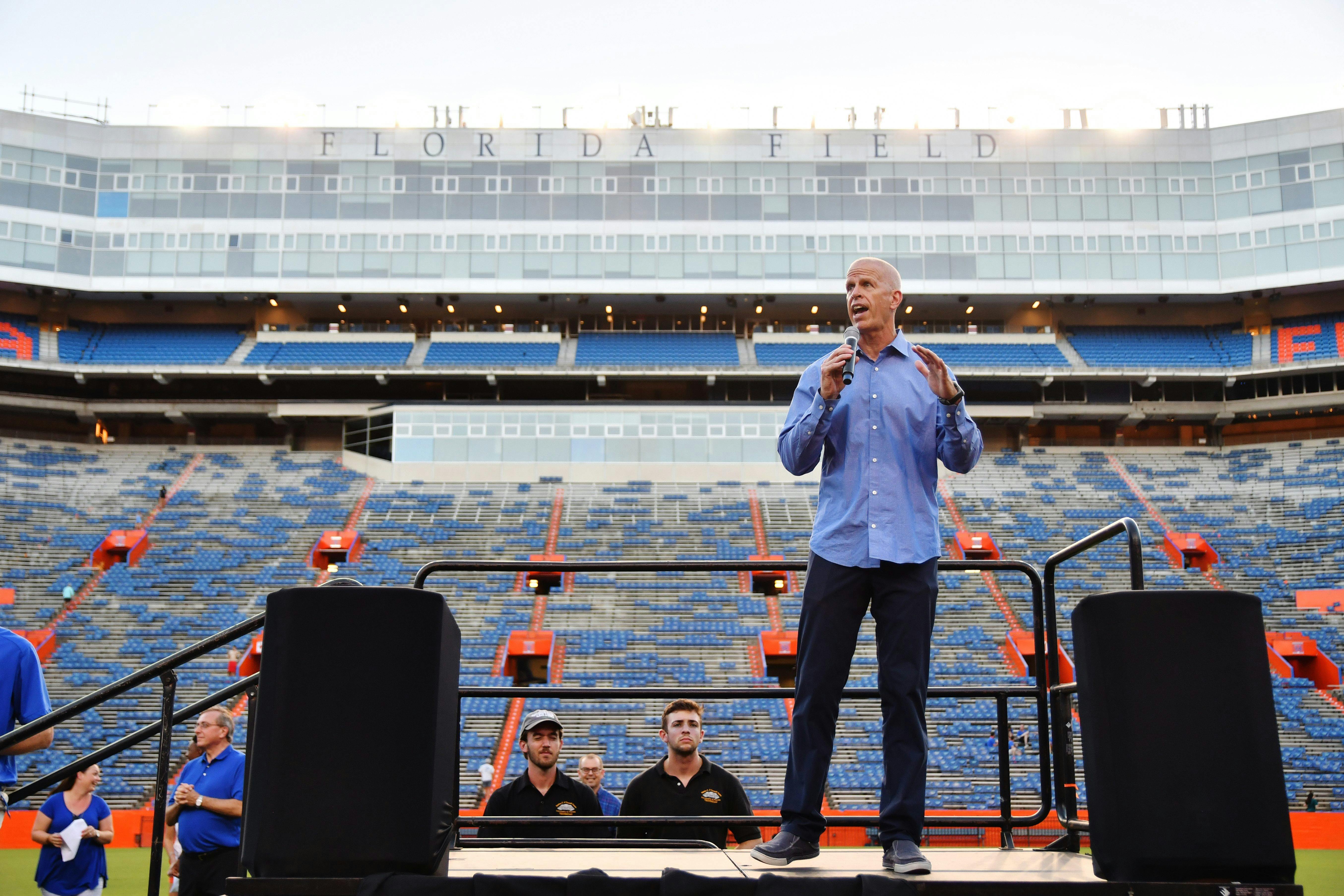 Jeremy Foley speaks during Rally In The Swamp at Ben Hill Griffin Stadium on Aug. 21, 2016.