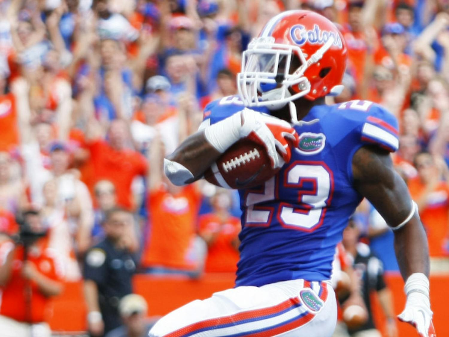 Senior running back Mike Gillislee (23) runs in a touchdown against Bowling Green at Ben Hill Griffin Stadium on Sept. 1. Gillislee, a native of DeLand, Fla., worked up the Florida depth chart his first three years to now lead the Southeastern Conference in rushing as the Gators' premier running back.