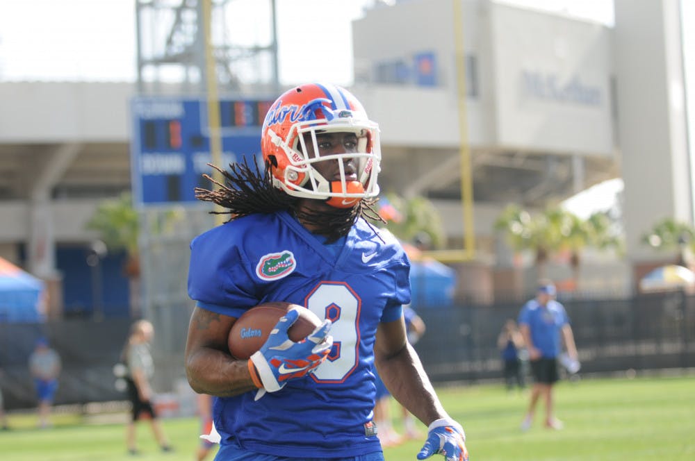 <p>Receiver Dre Massey participates in Florida's 2016 Spring practice at the Sanders Practice Fields.</p>
