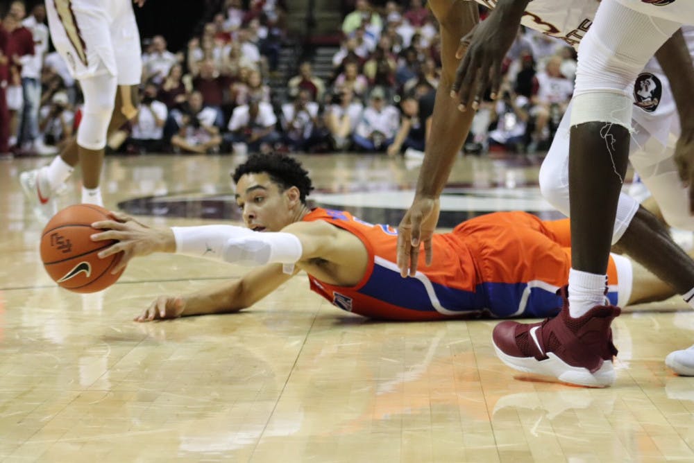 <p><span>Guard Andrew Nembhard went 4-for-8 from the field with 12 points and four assists in 34 minutes against FSU. </span></p>