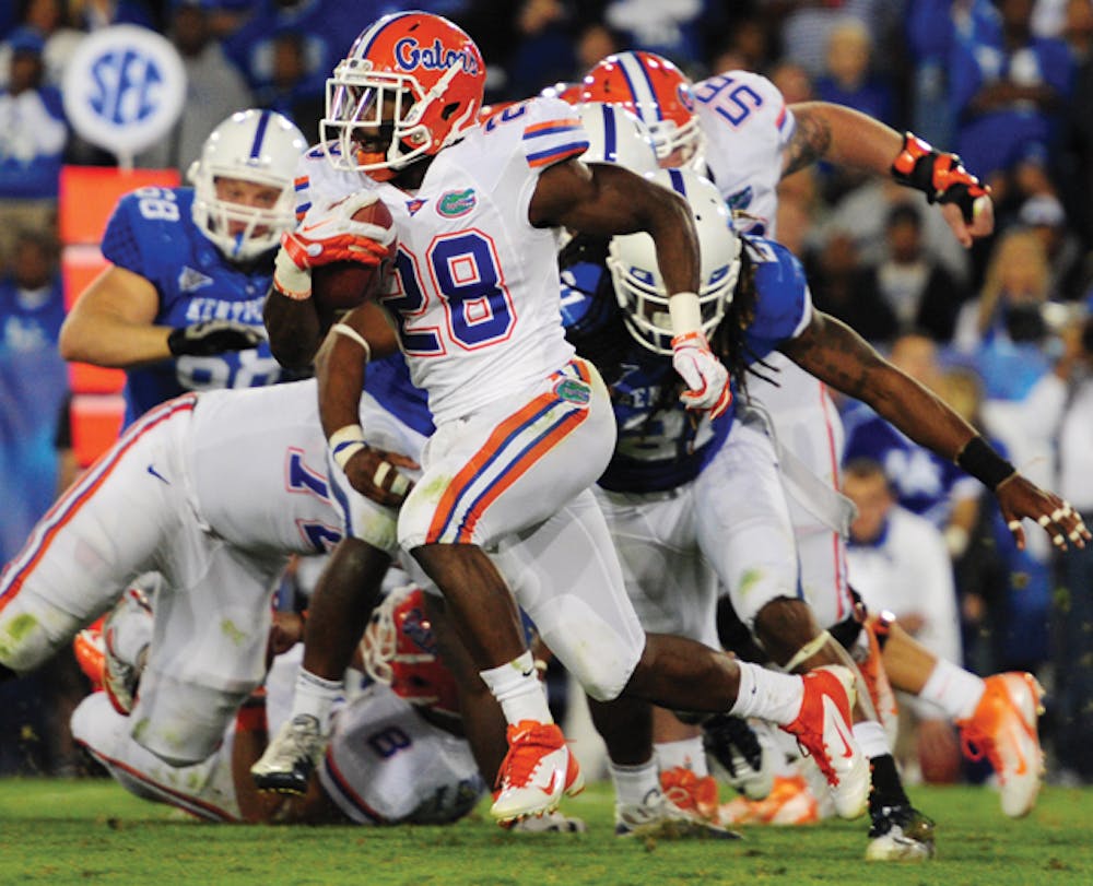 <p>Gators running back Jeff Demps rushed for 157 yards and two touchdowns, including an 84-yard scamper during the third quarter, in a 48-10 win against Kentucky on Saturday.</p>