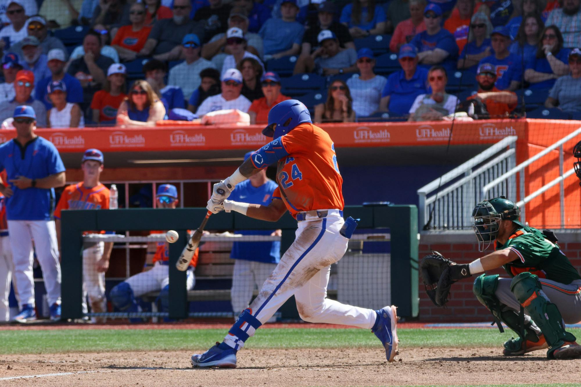 Junior shortstop Josh Rivers swings his bat in a 14-4 victory against the Miami Hurricanes Sunday, March 5, 2023. 