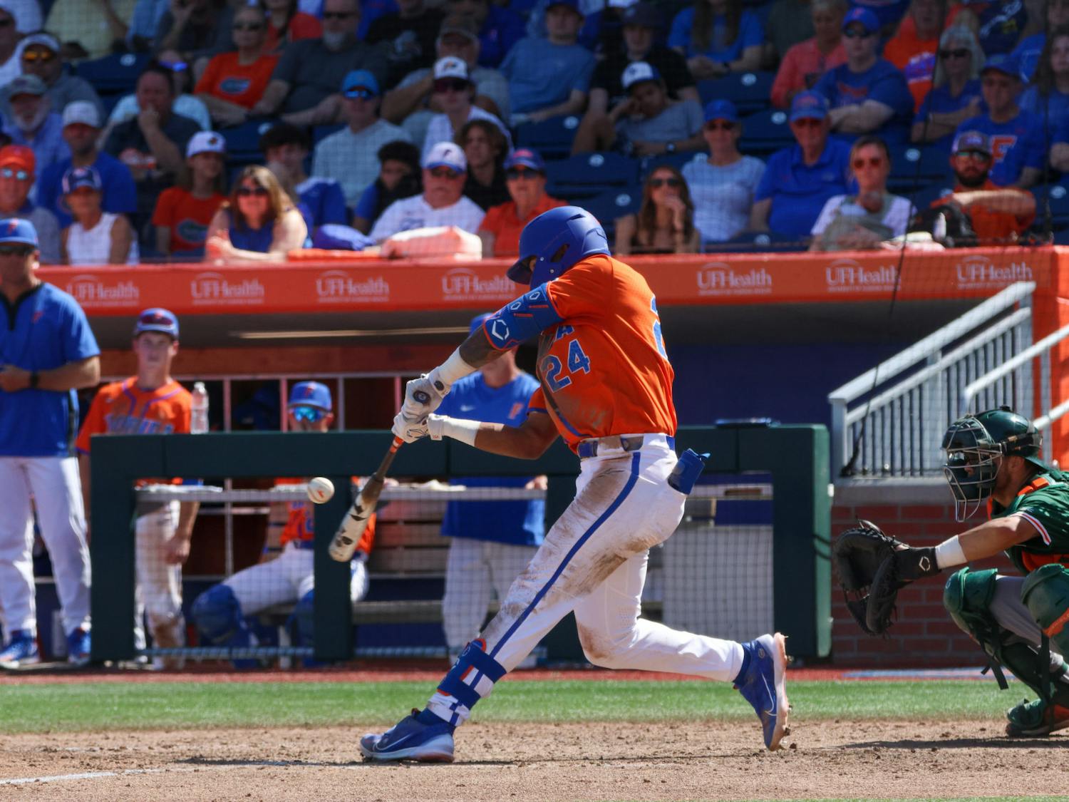 Junior shortstop Josh Rivers swings his bat in a 14-4 victory against the Miami Hurricanes Sunday, March 5, 2023. 