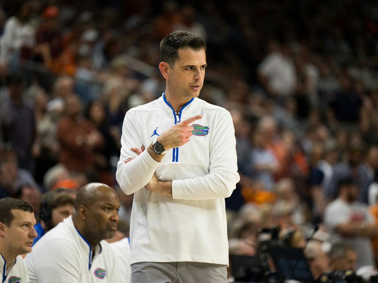 Florida Gators Head Coach Todd Golden points at one of his players during a basketball game against Auburn University on Feb. 8, 2025, in Auburn, Ala.