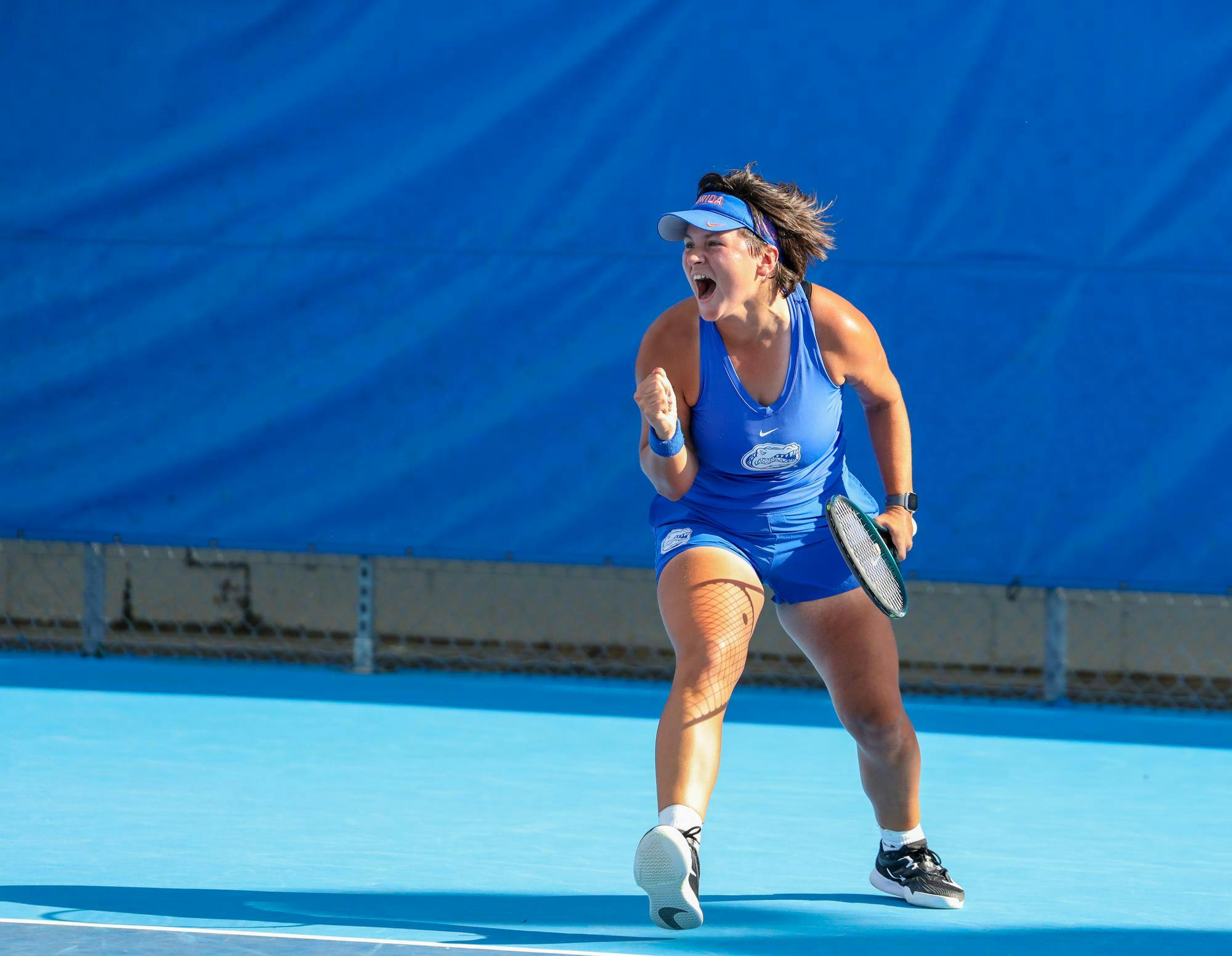 Florida’s Valery Gynina celebrates a point during an NCAA women’s doubles tennis match against Klara Milicevic and Karla Bartel of Alabama, March 26, 2026, in Gainesville, Fla.
