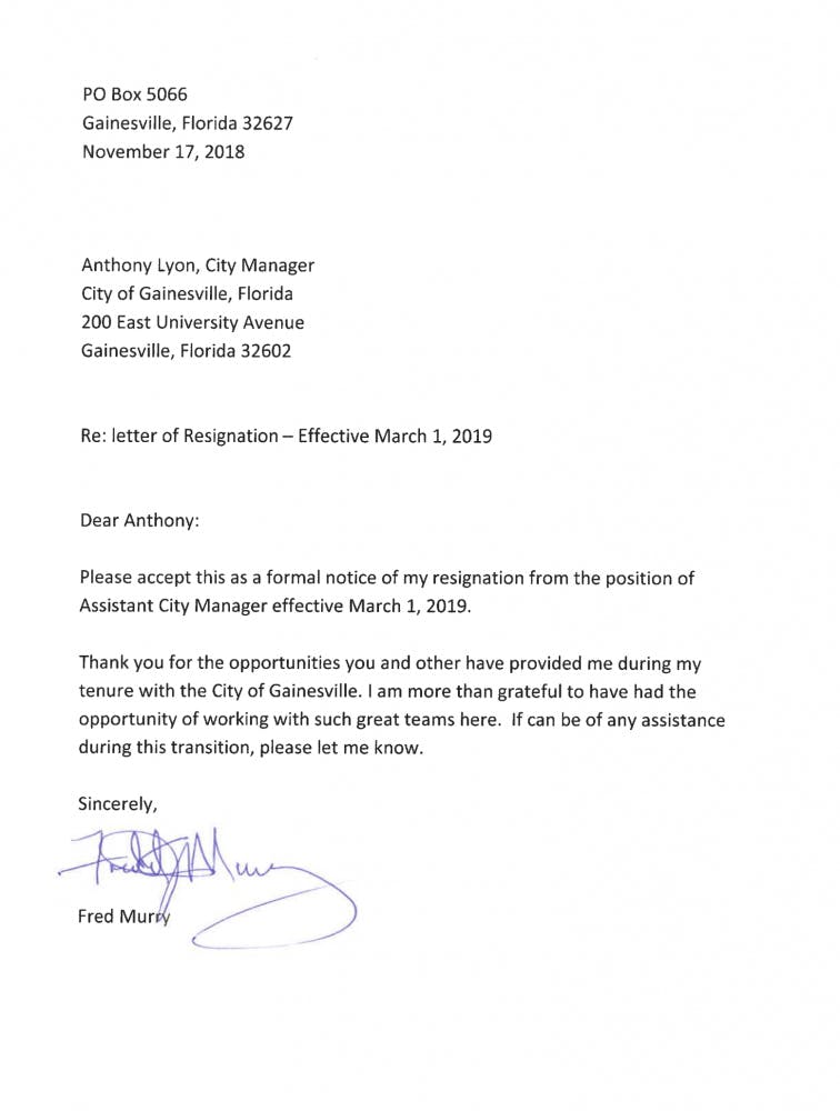 The resignation letter for Fred Murry