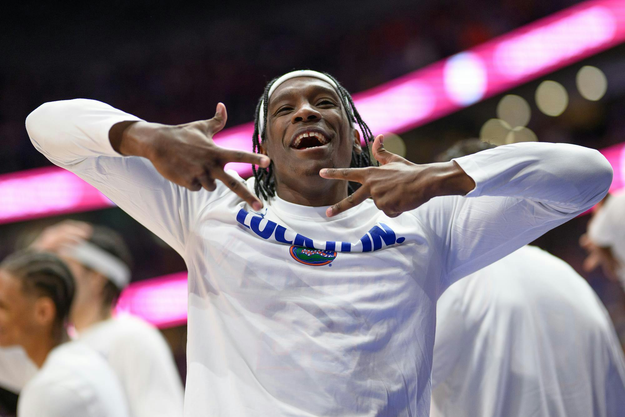 Florida guard AJ Brown (23) celebrates during the second half of an SEC Men's Basketball Tournament quarterfinal game against Kentucky, Friday, March 13, 2026, in Nashville, Tenn.