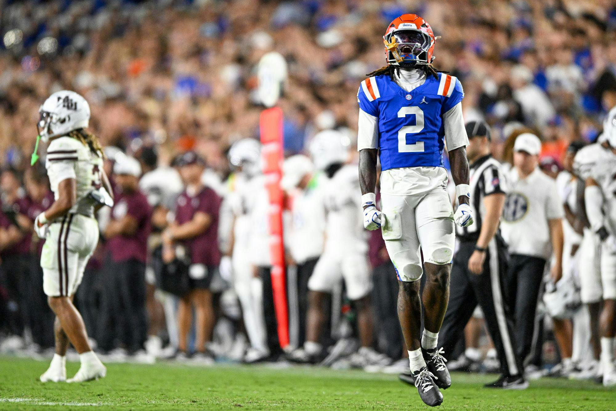 Florida Gators defensive back Lagonza Hayward (2) celebrates a stop in a NCAA college football game, Saturday, Oct. 18, 2025, in Gainesville, Fla.