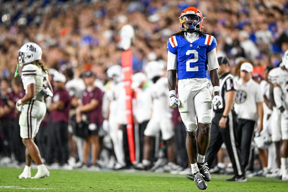 Florida Gators defensive back Lagonza Hayward (2) celebrates a stop in a NCAA college football game, Saturday, Oct. 18, 2025, in Gainesville, Fla.